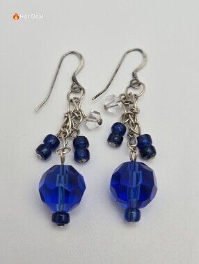 Handmade Cobalt Blue Crystal Beaded Dangle Earrings Sterling Silver Filled 2"